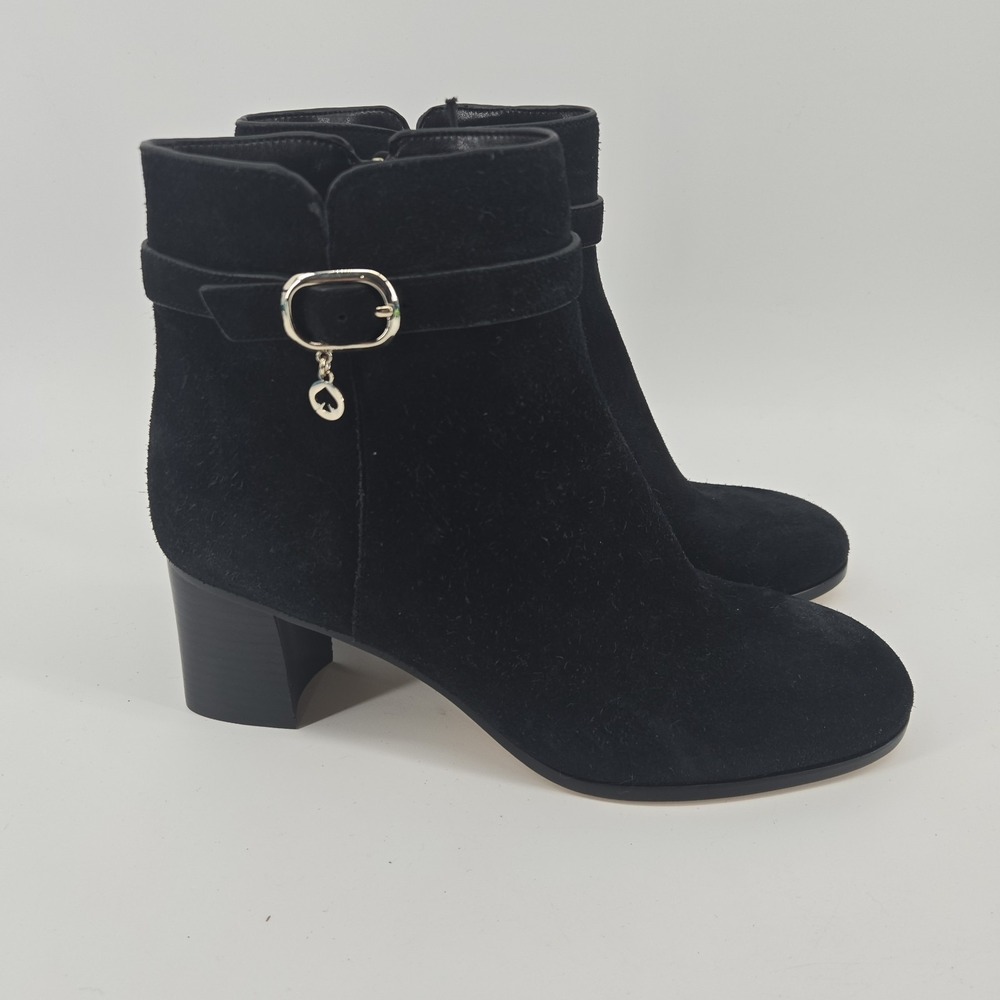 Kate Spade New York Black Suede Heel Booties Side Zipper Buckle Womens 10 Blair